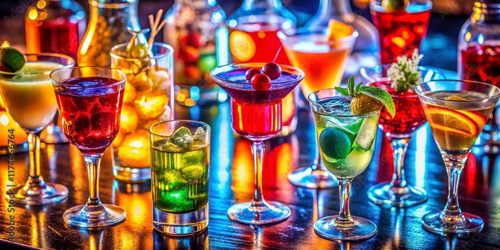 Fototapeta premium Aerial View: Vibrant Cocktails on Nightclub Bartop