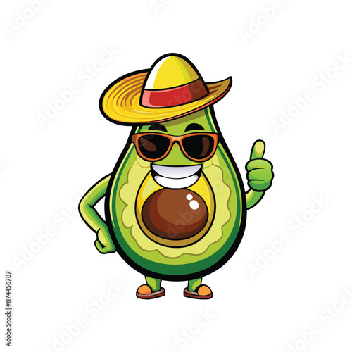 A cartoon avocado wearing sunglasses and a beach hat, lounging on a beach towel by a turquoise ocean.