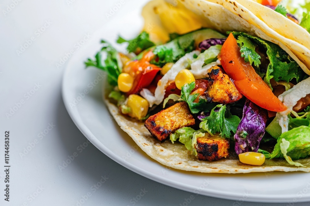 Fresh Vegetable Taco with Grilled Tofu, Colorful Toppings, and Greens Served on a White Plate, Perfect for Healthy Eating and Culinary Inspiration