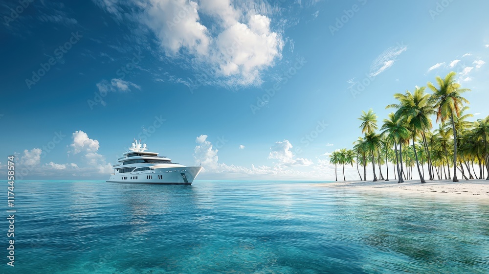 Obraz premium Luxury Yacht in Tropical Paradise with Palm Trees