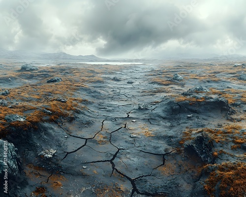 Desolate Wasteland with Cracked Earth and Ominous Storm Clouds   World s End Concept photo