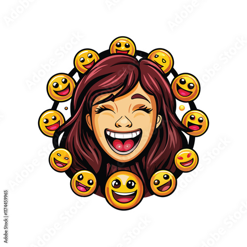 A young woman with bright eyes and a wide, toothy grin, her face radiating pure joy and playfulness. Her expression is contagious, inviting laughter and good vibes.