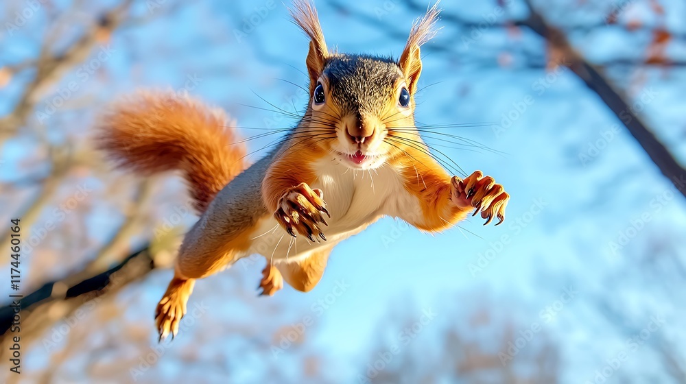 Fototapeta premium Squirrel Leaping Between Branches in the Forest