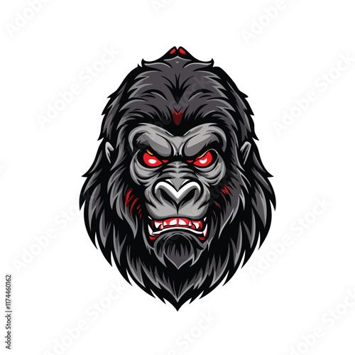 A powerful gorilla, its silver fur shimmering in the dim light, stares out with piercing red eyes, a grimace twisting its powerful jaw.