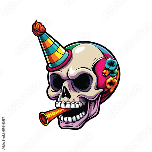 A cartoon skull wearing a party hat, smiling broadly and blowing out a single candle on a birthday cake.