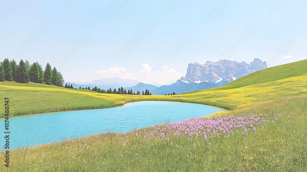 Obraz premium Vibrant Springtime Photo: Serene Mountain Lake Nestled in Blooming Meadow. AI Generated