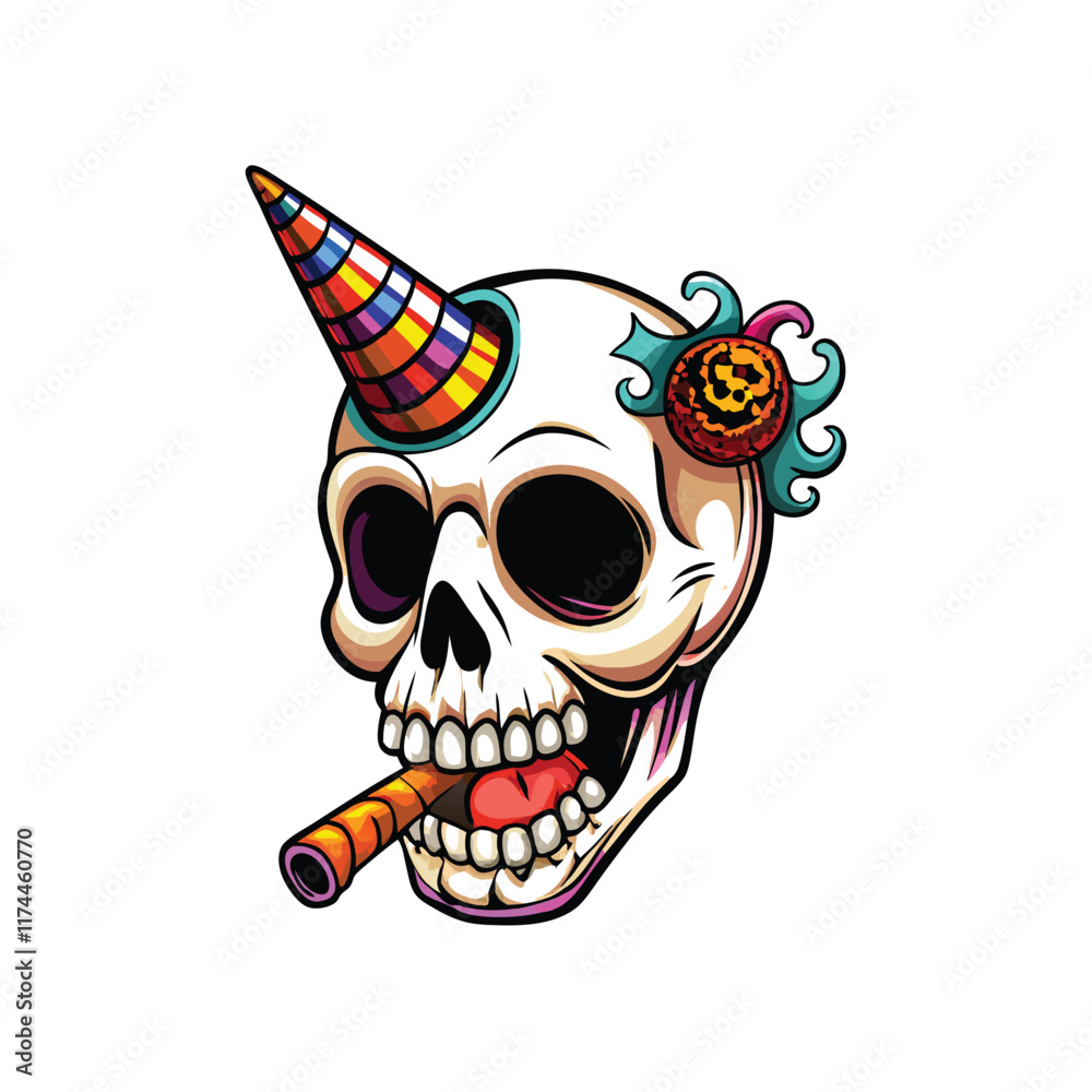 A cheerful cartoon skull wearing a party hat, blowing out a candle on a birthday cake. A cheerful cartoon skull wearing a party hat, blowing out a candle on a birthday cake.
