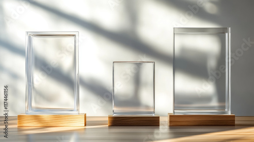 Fototapeta Naklejka Na Ścianę i Meble -  Glass trophy or winner award realistic vector illustration. Transparent crystal plate or blue acrylic frame different shapes on wooden pedestal, isolared front view with light and shadow