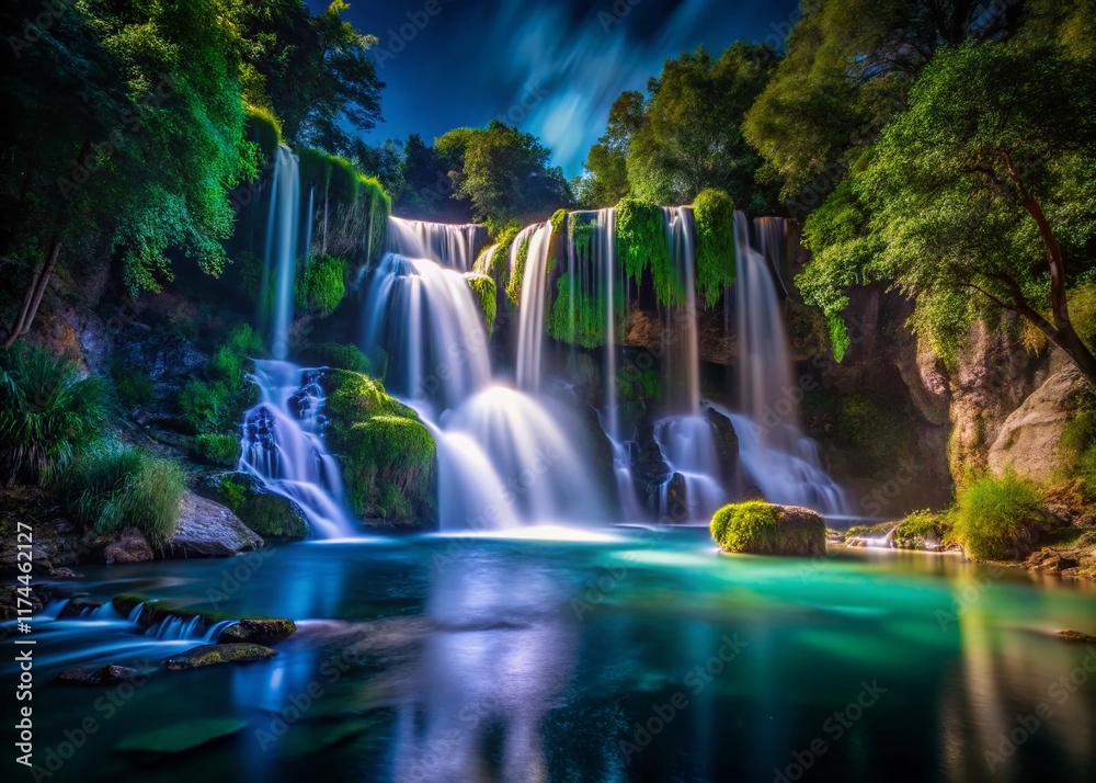 Obraz premium Antalya Waterfall Night: Dramatic Low-Light Kocacay Cascades in Turkey