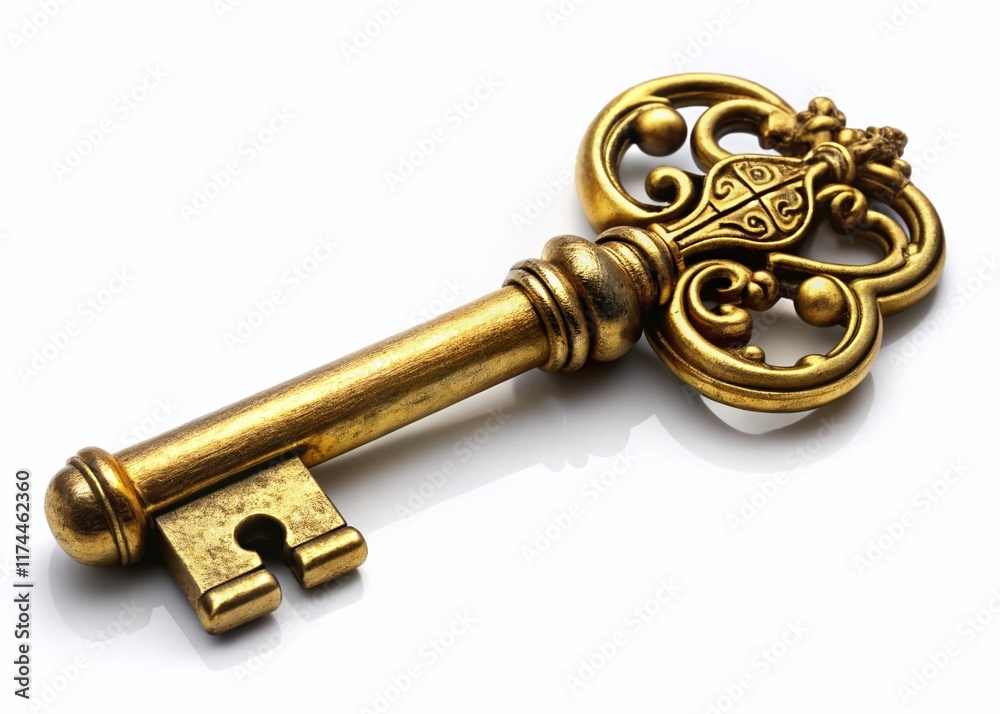 Antique Golden Key: Symbol of Success & Security - Isolated on White Background Stock Photo Antique Golden Key: Symbol of Success & Security - Isolated on White Background Stock Photo