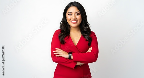 Confident businesswoman smiling at the camera. Beautiful and professional young business woman smiling and crossing her arms looking like a boss on white background photo