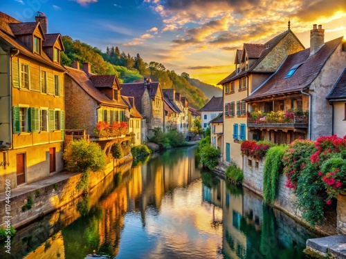 Arbois Village: Charming Houses Along the River - Stock Photo