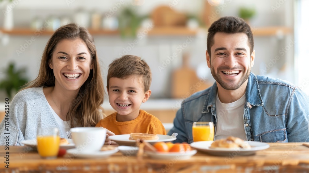 A happy family enjoys breakfast together, smiling and sharing a joyful moment at the dining table. A happy family enjoys breakfast together, smiling and sharing a joyful moment at the dining table.
