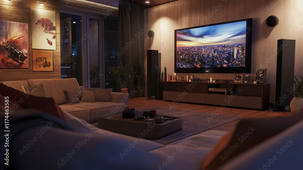 Empty living room with tv screen on wall and rear view to black sofa. Vector realistic interior of modern lounge room with couch, lcd television display on blue wall and wooden floor Empty living room with tv screen on wall and rear view to black sofa. Vector realistic interior of modern lounge room with couch, lcd television display on blue wall and wooden floor