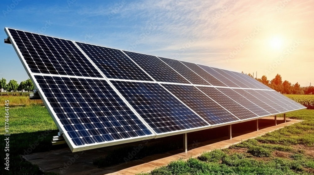 Solar Panels Capturing the Sun on a Bright Evening, Showcasing Renewable Energy Efficiency in a Green Landscape with Clear Blue Sky Solar Panels Capturing the Sun on a Bright Evening, Showcasing Renewable Energy Efficiency in a Green Landscape with Clear Blue Sky