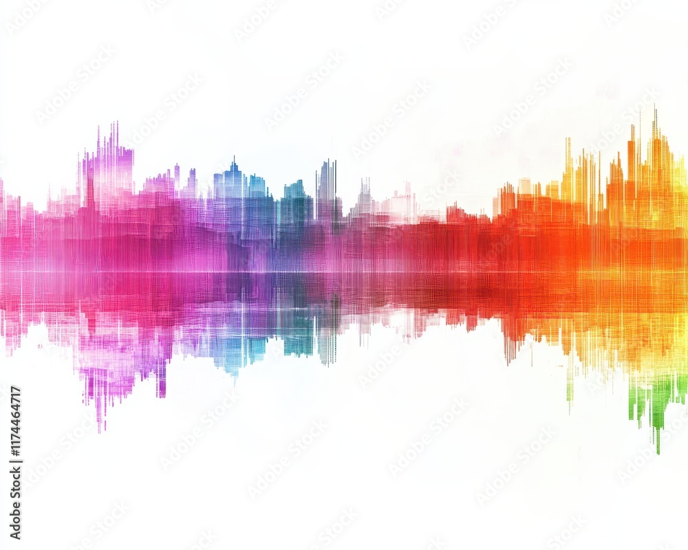 Vibrant sound wave illustration reflecting colorful urban skyline in abstract design.