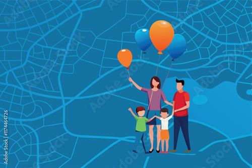 A close-up image of miniature people representing a family, holding colorful balloons, with a blurred background.