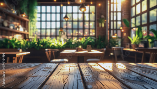 A rustic wooden tabletop with visible grain patterns and natural imperfections in the foreground, set in a cozy, sunlit café environment