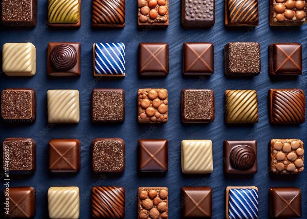Assorted Square Chocolates Grid on Dark Blue Background - Delicious Confectionery Stock Photo Assorted Square Chocolates Grid on Dark Blue Background - Delicious Confectionery Stock Photo