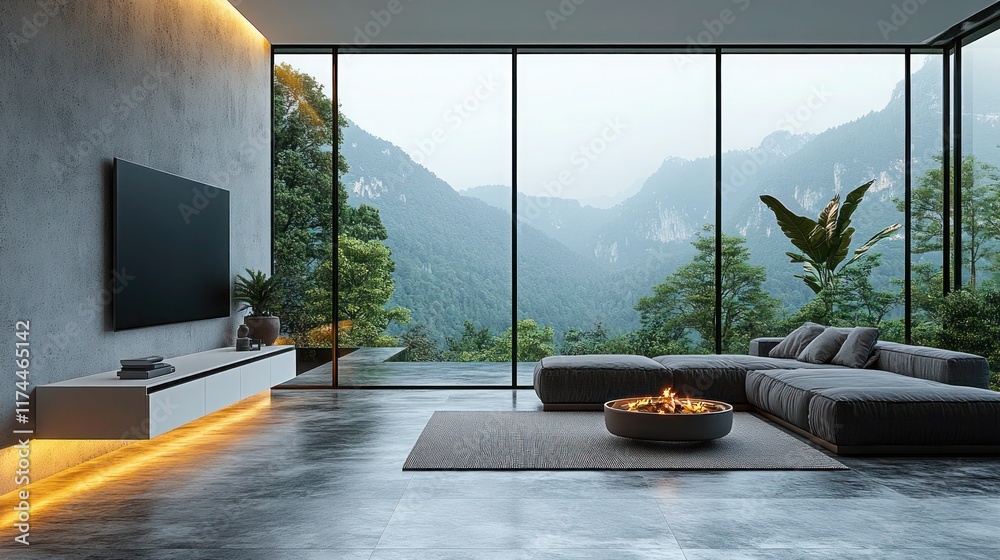 Fototapeta premium Modern living room with mountain view, fireplace, and large windows.