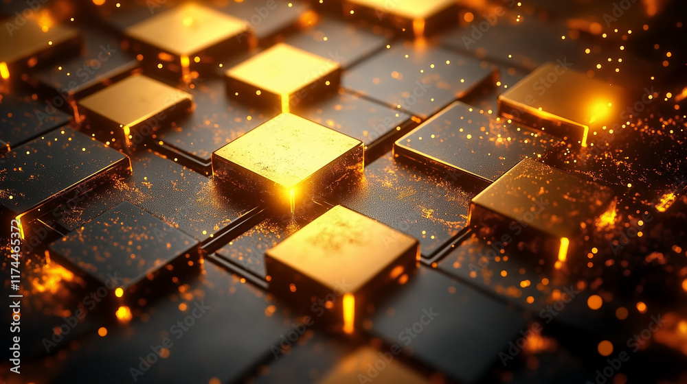 Modern Sci-Fi Texture with Metallic Squares and Radiant Golden Highlights Modern Sci-Fi Texture with Metallic Squares and Radiant Golden Highlights