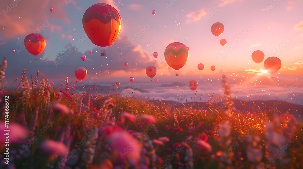 Naklejka premium Hot air balloons float over a blooming mountain field at sunset for travel advertising.