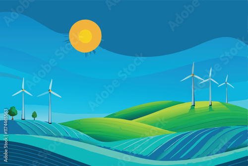 Abstract vector illustration of rolling hills with stylized wind turbine, inspired by nature and renewable energy.