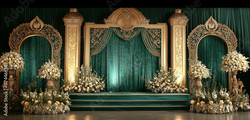 A royal themed wedding stage with grand arches, intricate gold embellishments, and a rich emerald-green velvet backdrop with matching floral decor.