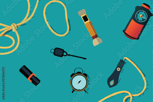 A comprehensive display of essential outdoor survival equipment, showcasing a strong rope, a reliable compass, and a sturdy knife.