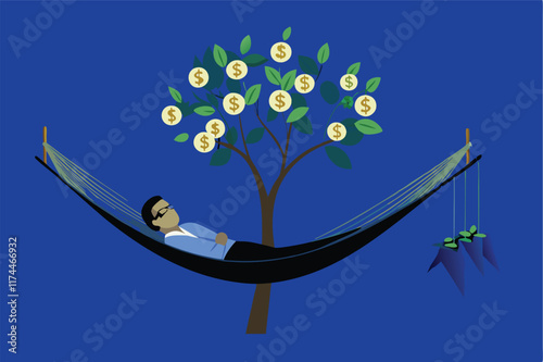 Illustration of a person relaxing on a beach with a laptop, symbolizing passive income generation.