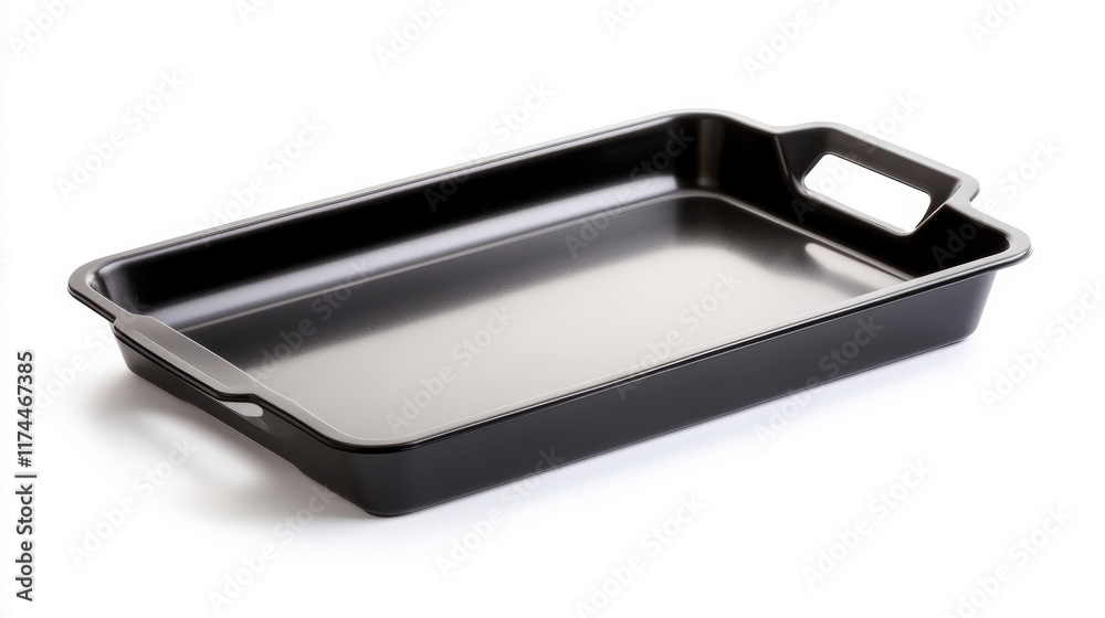 Empty black food tray for lunch in restaurant or canteen. Vector realistic mockup of blank rectangle plastic salver with handles front and top view isolated on white background Empty black food tray for lunch in restaurant or canteen. Vector realistic mockup of blank rectangle plastic salver with handles front and top view isolated on white background