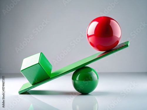 Balanced Lever: Red Sphere & Green Cube Equilibrium, Physics, Scale, Business Concept photo