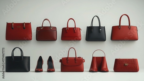 Row of various red and black handbags and heels displayed on a white wall. photo