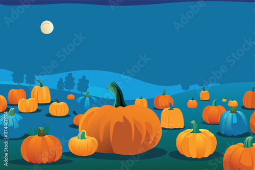 A vibrant pumpkin patch overflowing with pumpkins of all shapes, sizes, and colors, bathed in warm autumn sunlight.