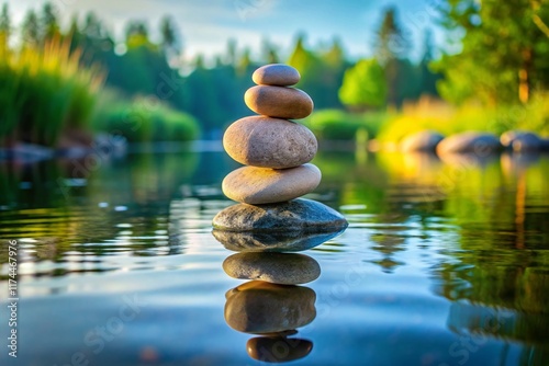 Balanced Stones on Calm Water: Serene Nature Stock Photo photo