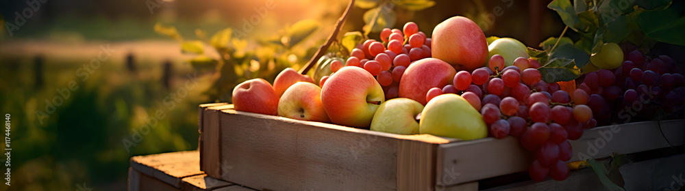 Various kinds of fruits harvested in a wooden box in an orchard with sunset. Natural organic fruit abundance. Agriculture, healthy and natural food concept. Horizontal composition. Various kinds of fruits harvested in a wooden box in an orchard with sunset. Natural organic fruit abundance. Agriculture, healthy and natural food concept. Horizontal composition.