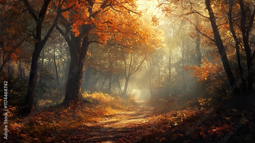 Obraz premium Autumn Forest Path: Sunlit Woods, Magical Fog