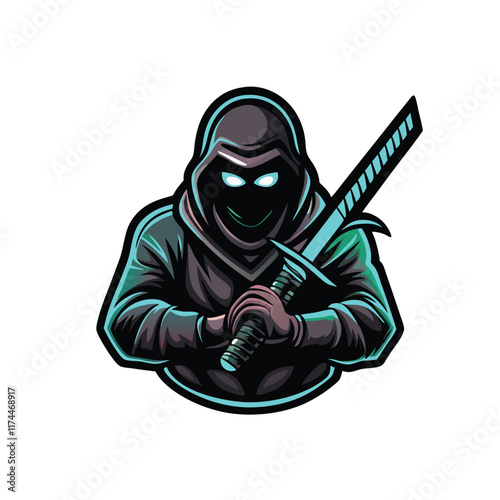 Create a realistic logo of a stealthy ninja wearing a traditional mask, with sharp, defined lines and a dynamic pose. photo