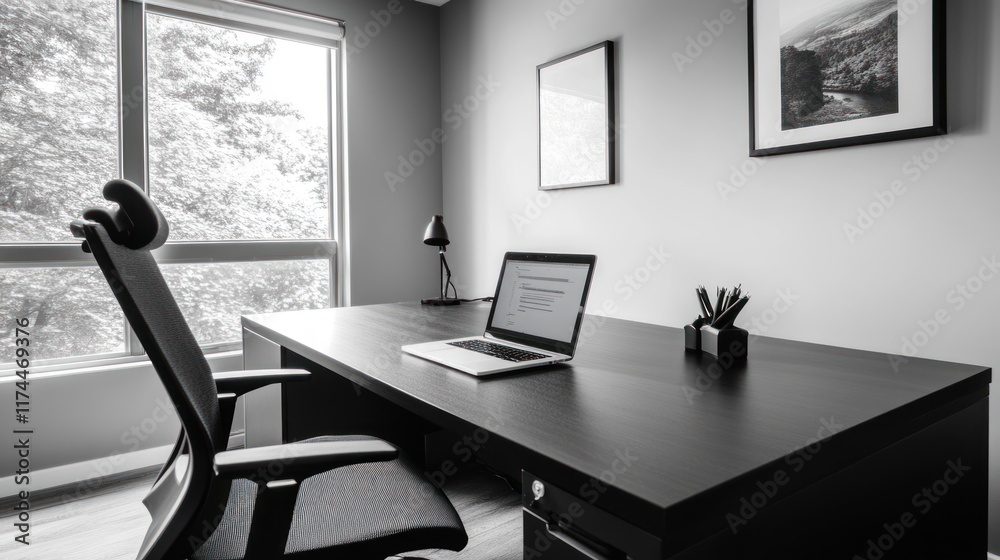 Fototapeta premium Modern minimalist home office with desk, chair, laptop, and window.