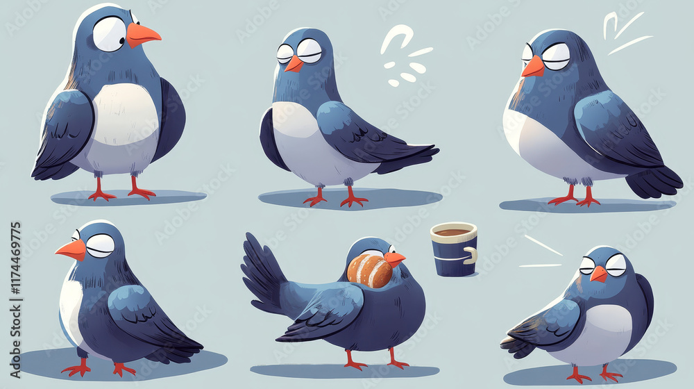 Fototapeta premium Comic pigeon cartoon character set with different poses and face emotions. Vector set of wild city dove standing, sleepy with cup of coffee, delighted with big eyes, meditate and dream about bread.