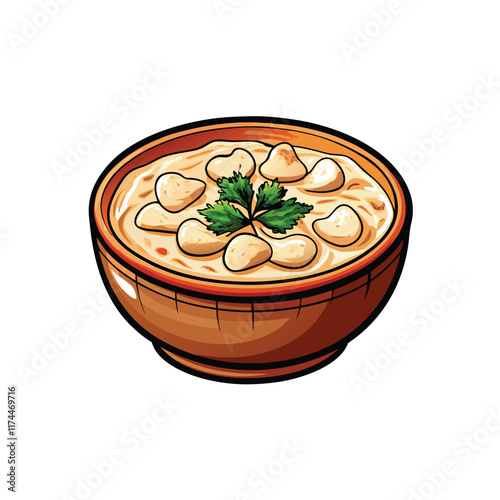 Realistic vector illustration of a steaming bowl of clam chowder, garnished with fresh parsley and a dollop of cream, with a side of oyster crackers.