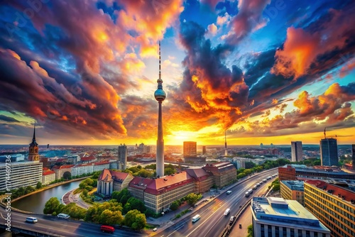 Berlin Cityscape Double Exposure: Dramatic Clouds Over Urban Skyline