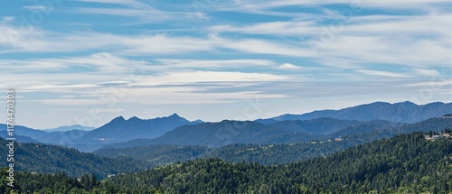 Aerial drone flight over peaks and ridges mountain hills covered by green forest,