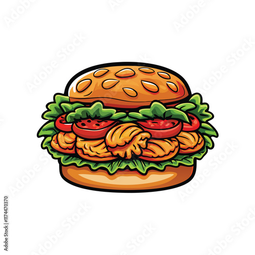 A detailed and realistic vector illustration of a crab cake sandwich with lettuce, tomato, and tartar sauce on a toasted brioche bun.