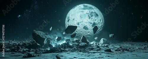 Background image, fantasy - A 3D graphic of a shattered moon with glowing fragments orbiting a mysterious core  photo