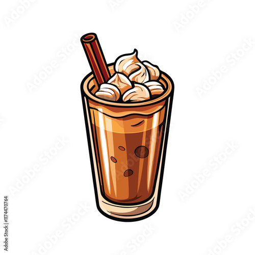 Realistic vector illustration of a frothy iced chai latte with cinnamon stick and star anise garnish in a clear glass.