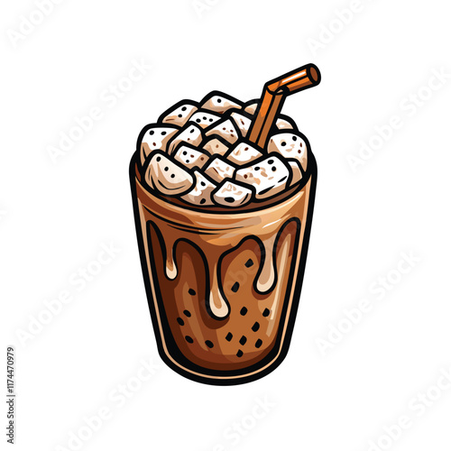 Create a realistic vector illustration of a frosty iced coconut milk beverage with a generous amount of froth on top, showcasing its creamy texture and refreshing appeal.