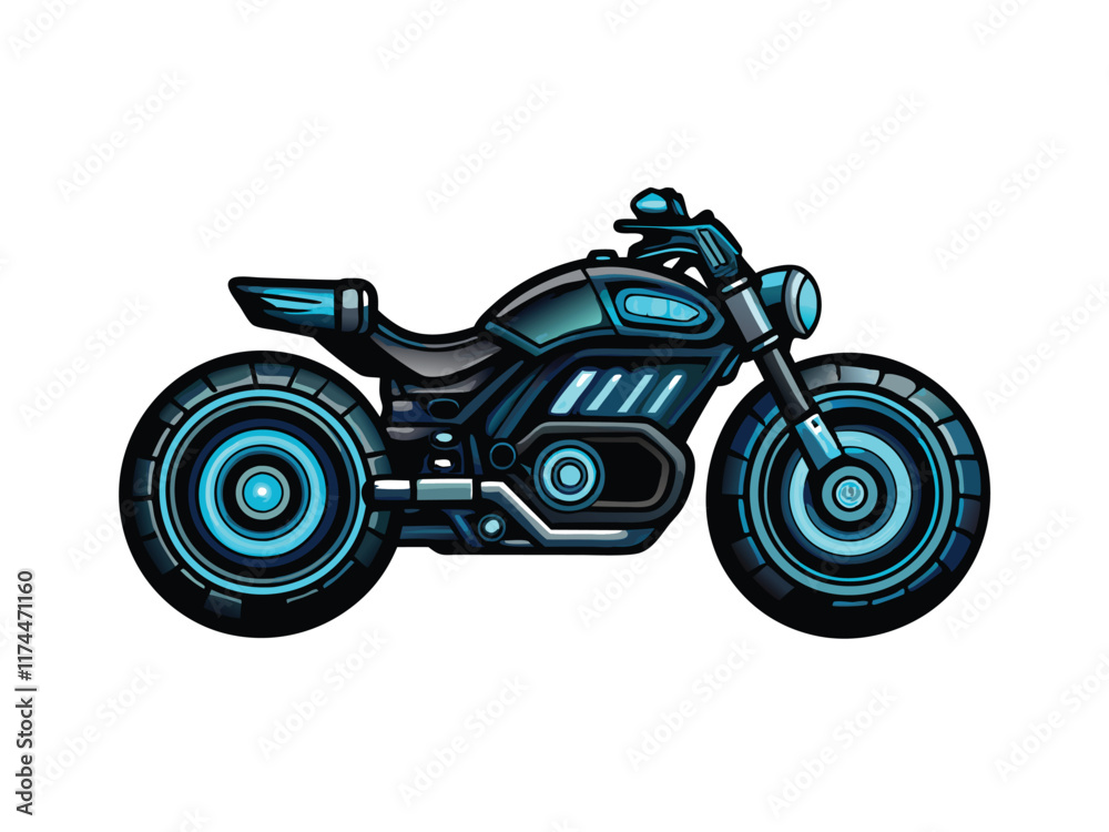 Realistic vector illustration of a futuristic motorcycle with a sleek, aerodynamic design and glowing neon accents. Realistic vector illustration of a futuristic motorcycle with a sleek, aerodynamic design and glowing neon accents.