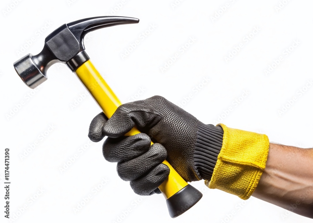 Black Gloves Holding Yellow & Black Claw Hammer - Panoramic Stock Photo Black Gloves Holding Yellow & Black Claw Hammer - Panoramic Stock Photo