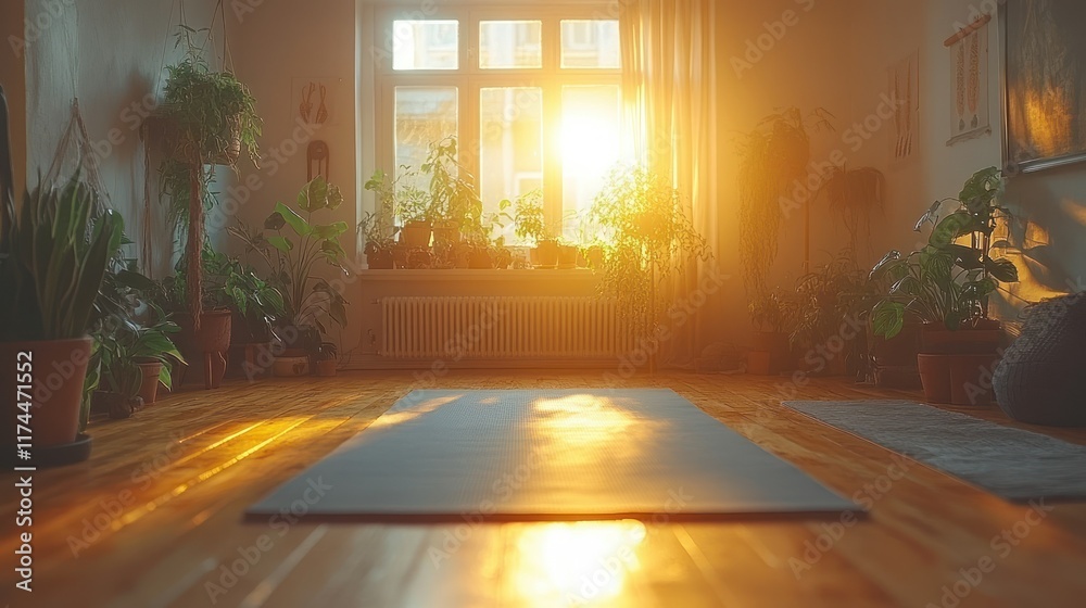 Fototapeta premium A serene yoga space illuminated by sunset, filled with plants and a calming atmosphere.